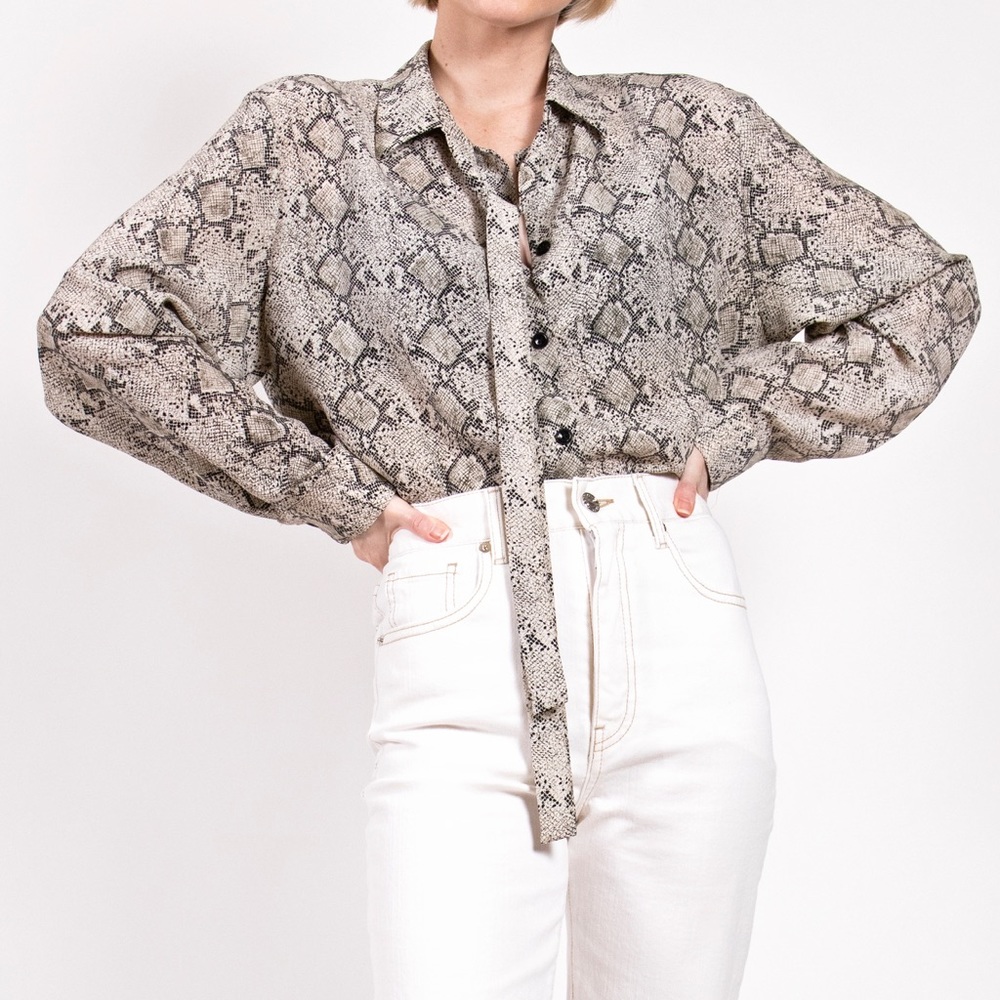 Vintage 80s snakeskin ascot puff sleeve blouse